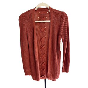 Rust Open Front Sweater with Lace Up Detail NWT